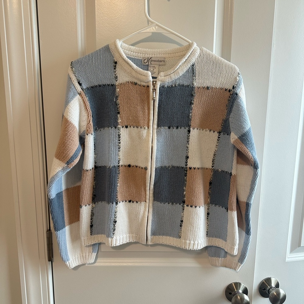 Dress Barn Checkered Cardigan - Blue, White, Tan